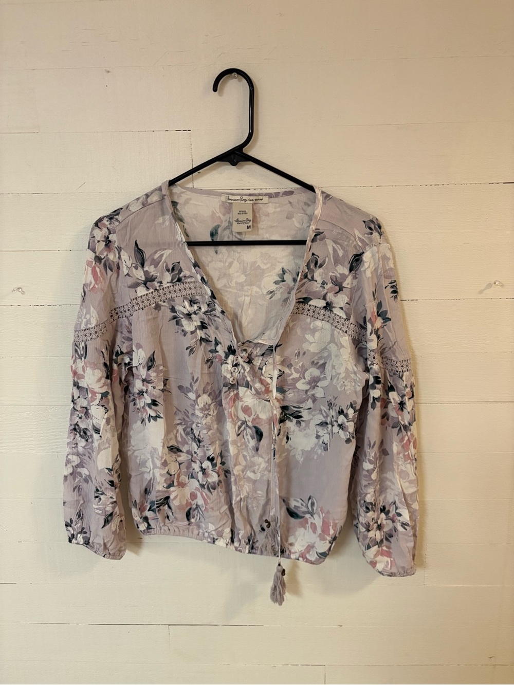 American Rag Floral Boho Blouse Medium Lace Tassel Tie Rayon Top